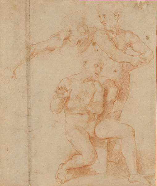 Studies for Apostles in the Transfiguration, Giulio Romano  Italian, Red chalk over traces of black-chalk underdrawing on paper