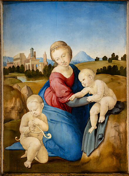 The Virgin and Child with the Infant Saint John the Baptist in a Landscape (The Esterházy Madonna), unfinished, Raphael (Raffaello Sanzio or Santi)  Italian, Tempera and oil on wood