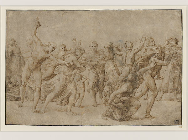 Composition Study for the Massacre of the Innocents, Raphael (Raffaello Sanzio or Santi)  Italian, Pen and brown ink, with some later retouching, highlighted with white gouache, over preliminary pounce marks (spolvero underdrawing), reworked freehand by the artist in black chalk, on paper