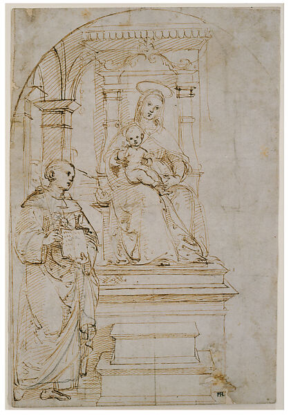 Composition Study for an Enthroned Virgin and Child with Saint Nicholas of Tolentino, Raphael (Raffaello Sanzio or Santi)  Italian, Pen and brown ink over preliminary stylus underdrawing, with some overdrawn corrections in black chalk and stylus-incised construction, on paper