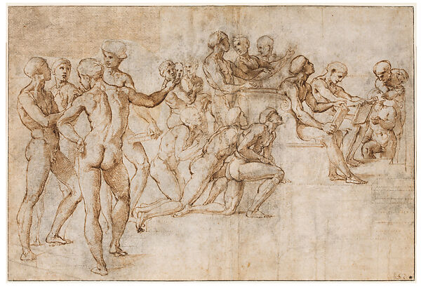 Studies of Male Nudes (Discarded Idea for the Lower Left Section in the Fresco of the Disputa, Stanza della Segnatura), Raphael (Raffaello Sanzio or Santi)  Italian, Pen and brown ink over black chalk and traces of stylus underdrawing, stylus-incised ruling and compass construction, outlines pricked for transfer of the design and rubbed heavily with black-chalk pouncing dust; two horizontal axis lines and two vertical axis lines, partly pricked, on paper