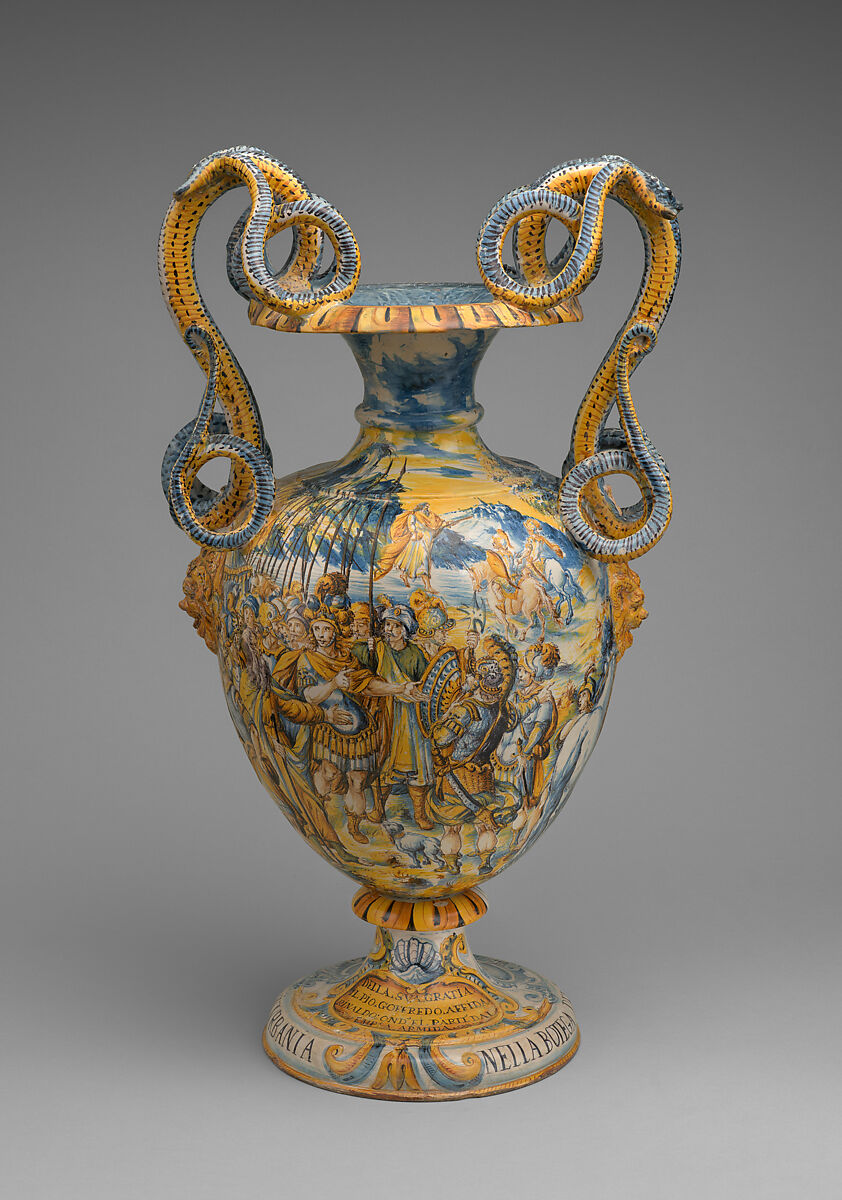 A pair of monumental vases with scenes from "Jerusalem Delivered", Papi workshop (Italian), Tin-glazed earthenware (maiolica), Italian, Urbania