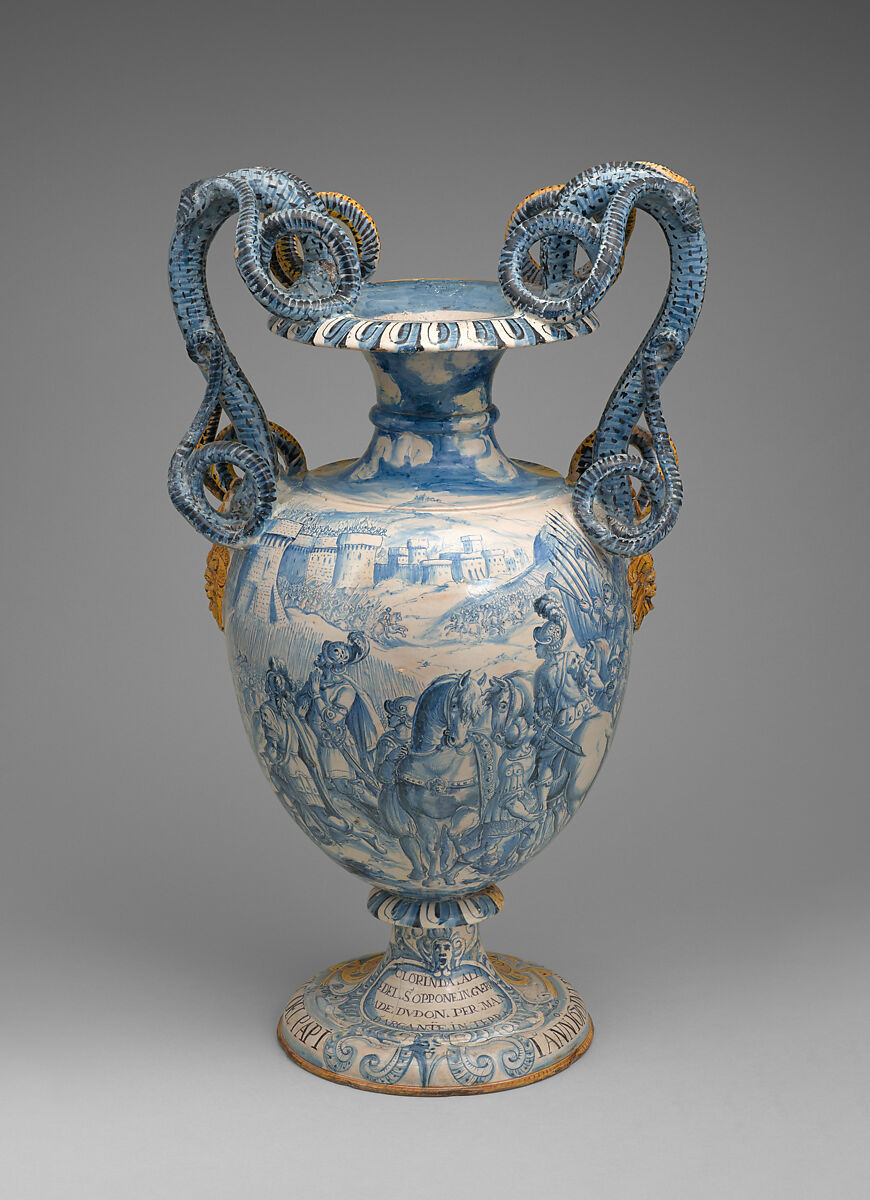 A pair of monumental vases with scenes from "Jerusalem Delivered", Papi workshop (Italian), Tin-glazed earthenware (maiolica), Italian, Urbania
