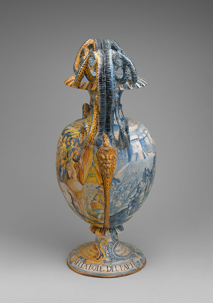 A pair of monumental vases with scenes from "Jerusalem Delivered", Papi workshop (Italian), Tin-glazed earthenware (maiolica), Italian, Urbania