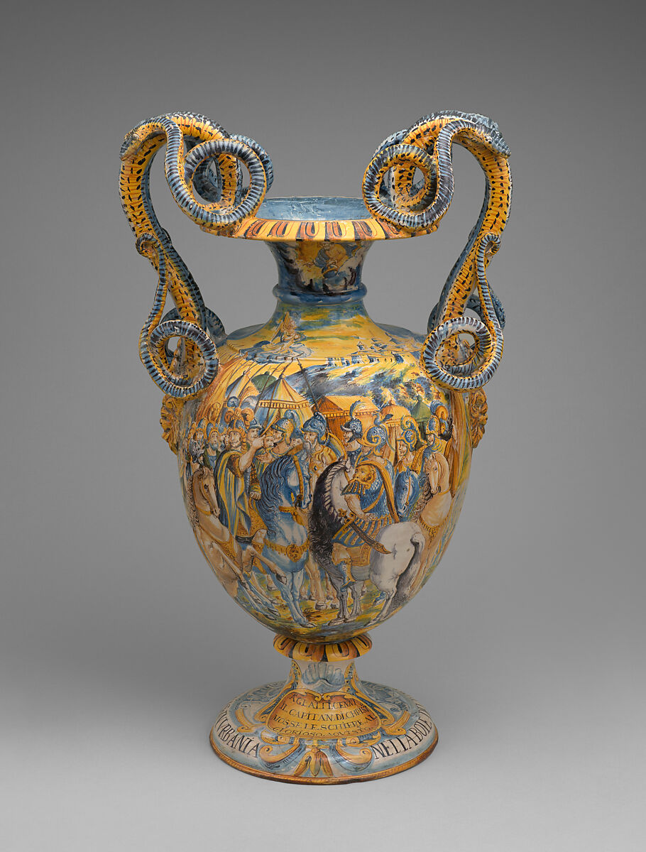 A pair of monumental vases with scenes from "Jerusalem Delivered", Papi workshop (Italian), Tin-glazed earthenware (maiolica), Italian, Urbania 