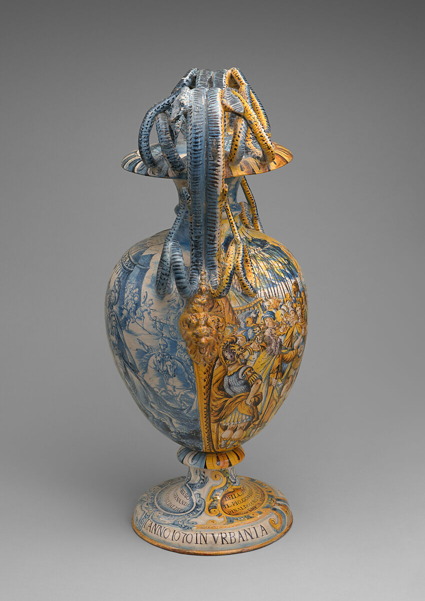 A pair of monumental vases with scenes from "Jerusalem Delivered", Papi workshop (Italian), Tin-glazed earthenware (maiolica), Italian, Urbania