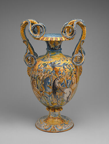 A pair of monumental vases with scenes from 