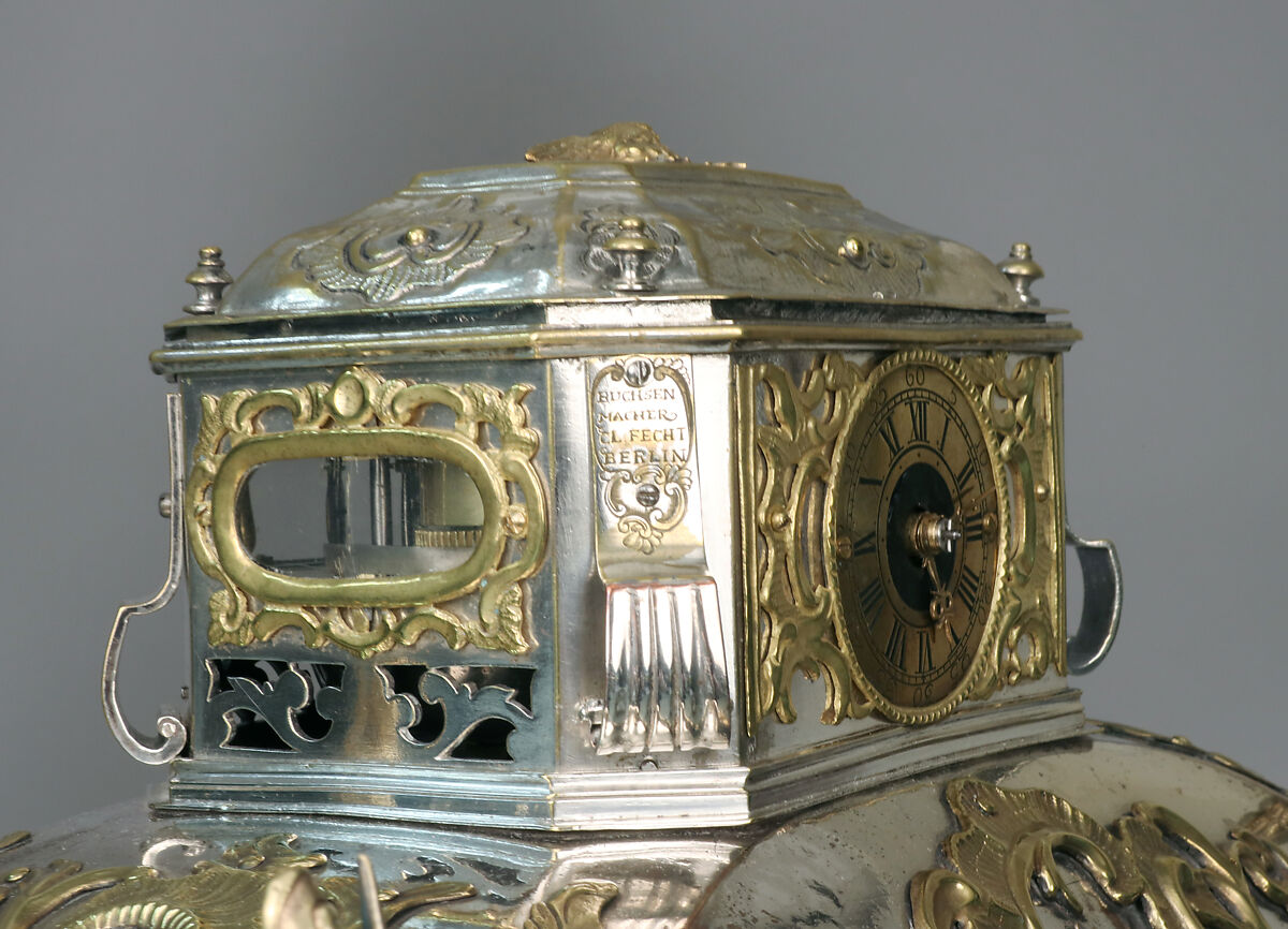 Strongbox with clockwork, Alexander Fromery (German, 1695–1775), Iron, steel, copper, brass, partially silvered and gilded; glass, red silk velvet, German, Berlin