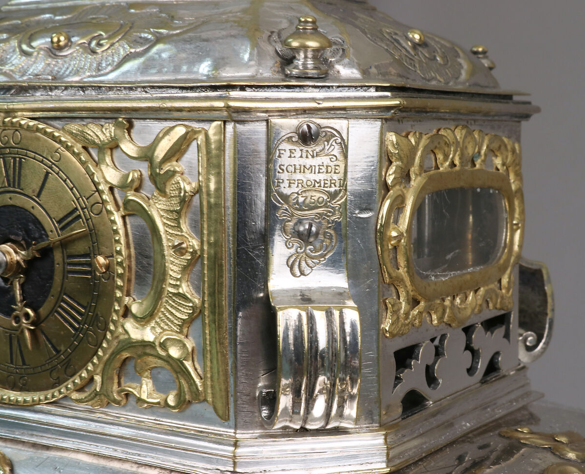 Strongbox with clockwork, Alexander Fromery (German, 1695–1775), Iron, steel, copper, brass, partially silvered and gilded; glass, red silk velvet, German, Berlin