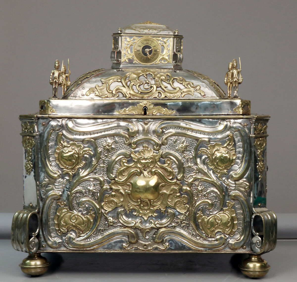 Strongbox with clockwork, Alexander Fromery (German, 1695–1775), Iron, steel, copper, brass, partially silvered and gilded; glass, red silk velvet, German, Berlin 