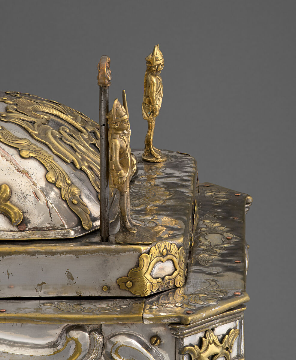 Strongbox with clockwork, Alexander Fromery (German, 1695–1775), Iron, steel, copper, brass, partially silvered and gilded; glass, red silk velvet, German, Berlin