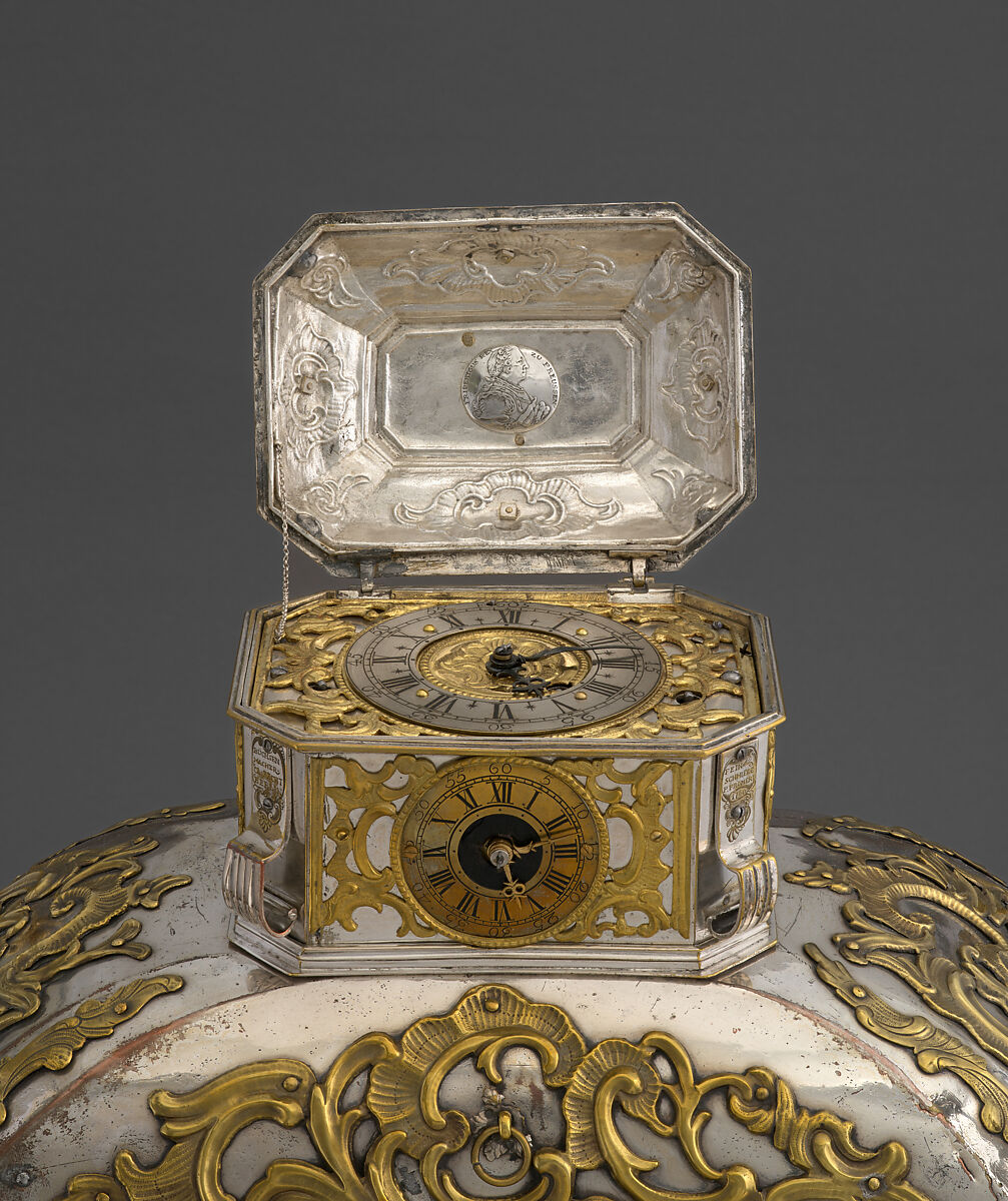 Strongbox with clockwork, Alexander Fromery (German, 1695–1775), Iron, steel, copper, brass, partially silvered and gilded; glass, red silk velvet, German, Berlin