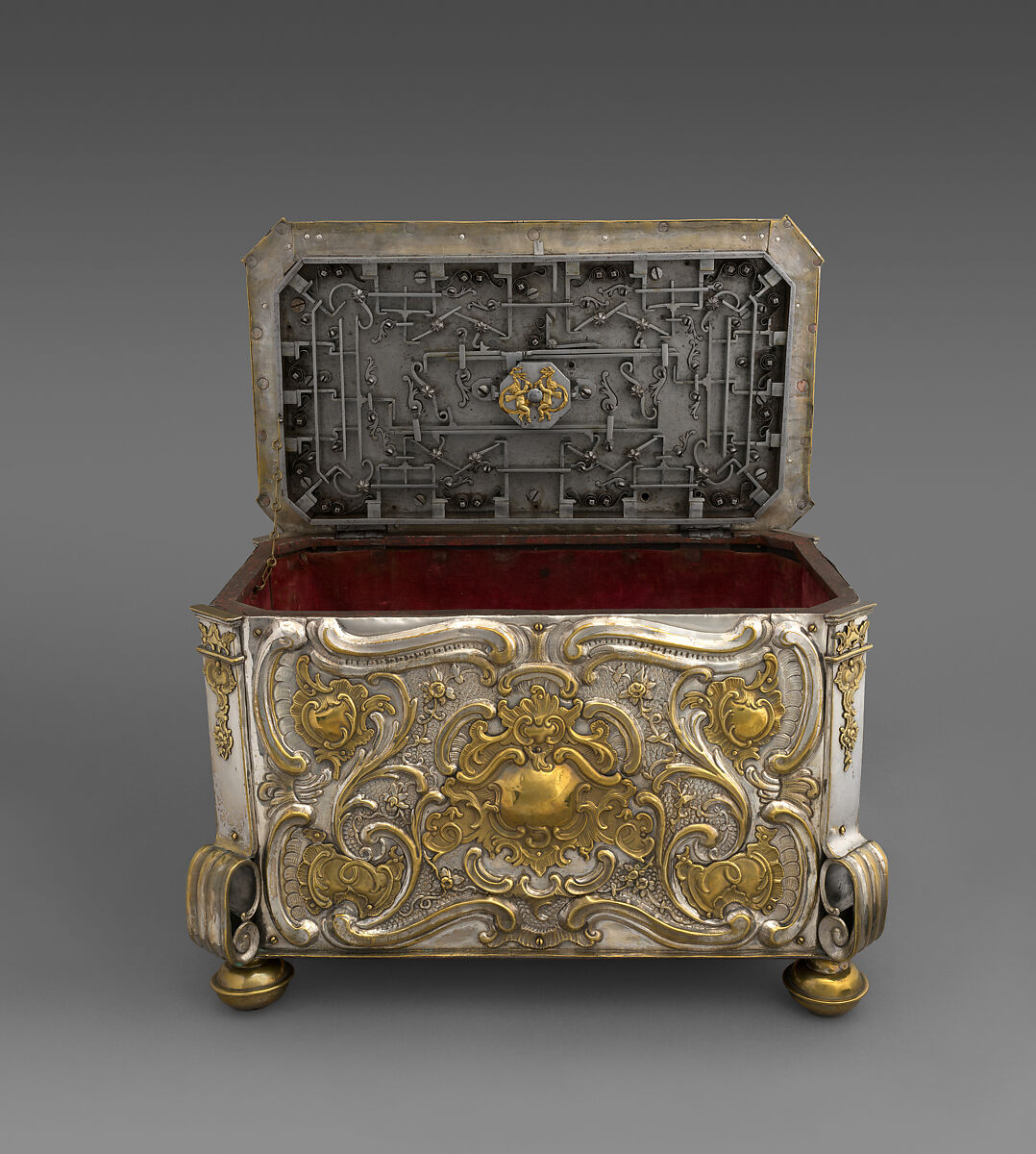 Strongbox with clockwork, Alexander Fromery (German, 1695–1775), Iron, steel, copper, brass, partially silvered and gilded; glass, red silk velvet, German, Berlin