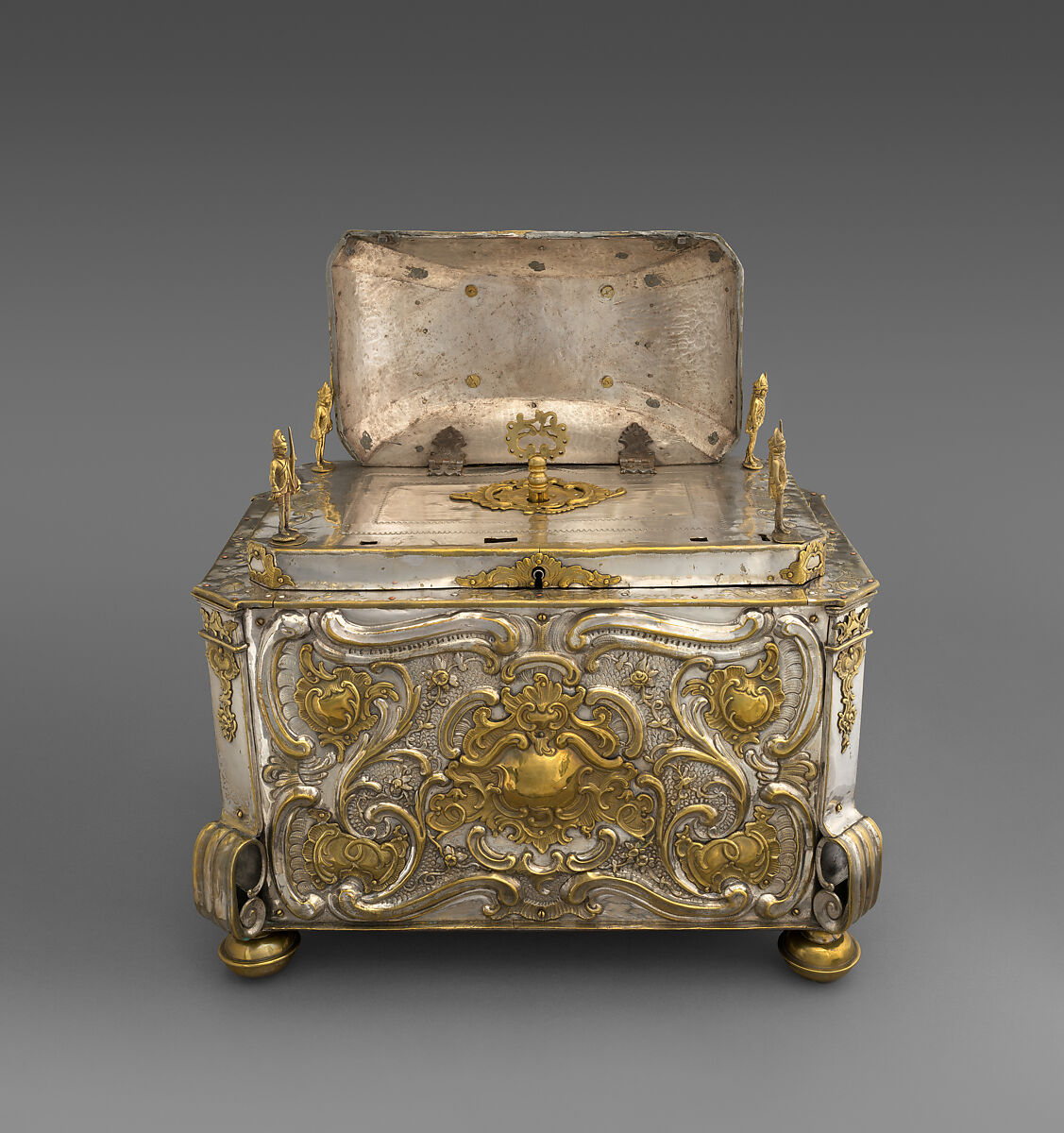 Strongbox with clockwork, Alexander Fromery (German, 1695–1775), Iron, steel, copper, brass, partially silvered and gilded; glass, red silk velvet, German, Berlin