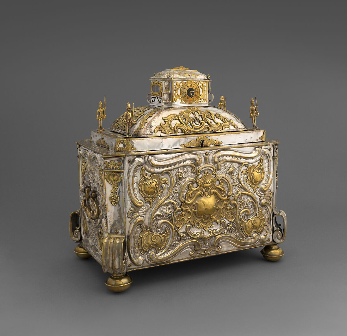 Strongbox with clockwork, Alexander Fromery (German, 1695–1775), Iron, steel, copper, brass, partially silvered and gilded; glass, red silk velvet, German, Berlin