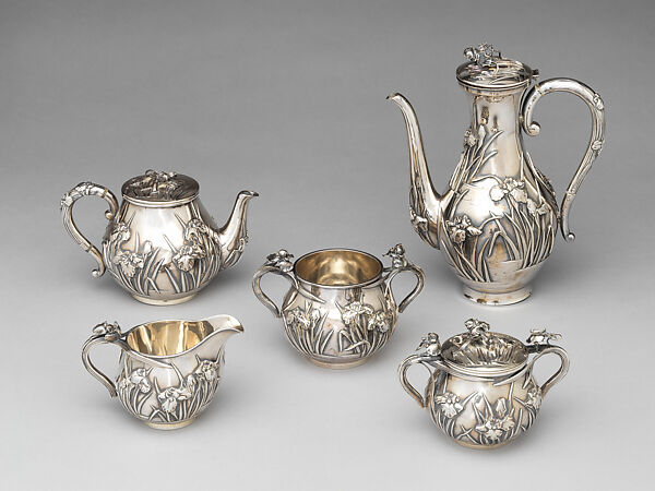Five-piece silver tea and coffee service with iris patterns, Silver, Japan 
