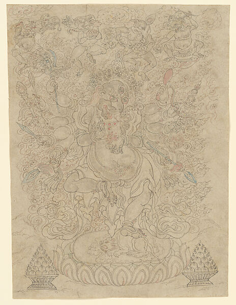 Dancing Ganesha Surrounded by Subsidiary Manifestations, Tuvdun  Mongolian, Ink on paper, Mongolia