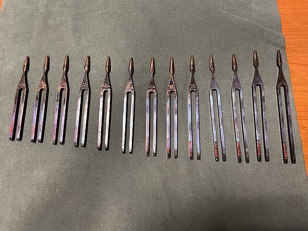 Set of chromatic tuning forks, RAGG Tuning Forks (United Kingdom), Blue metal and velvet, United Kingdom