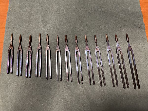 Set of chromatic tuning forks, RAGG Tuning Forks (United Kingdom), Blue metal and velvet, United Kingdom