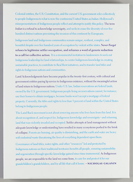 Never forget / Yéil Ya-Tseen = Nicholas Galanin, Nicholas Galanin (Tlingit and Unangax̂born, born Sitka, Alaska, 1979)