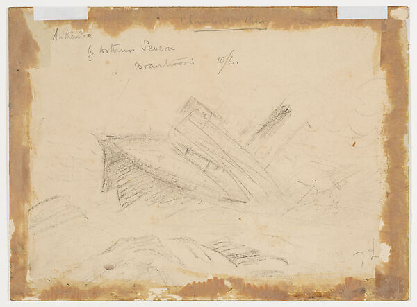 The Old Man of Coniston from the gardens at Brantwood (recto); Sketch of a sinking boat (verso), Arthur Severn (British, London 1842–1931 London), Watercolor and gouache (recto); fabricated black crayon (verso)