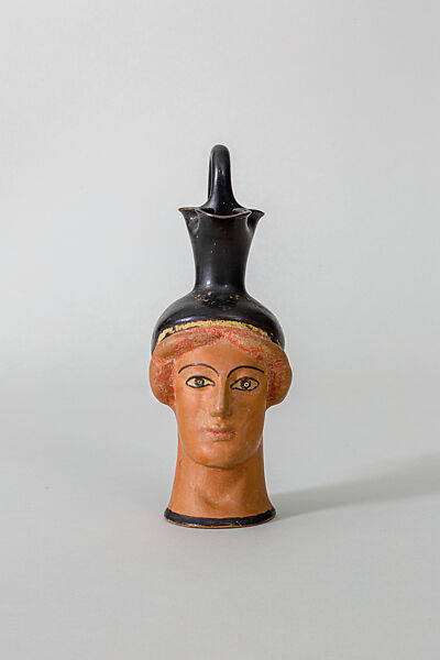 Oinochoe in the form of a woman's head, Class S: The Canessa Class of Head Vases, Terracotta, Greek 