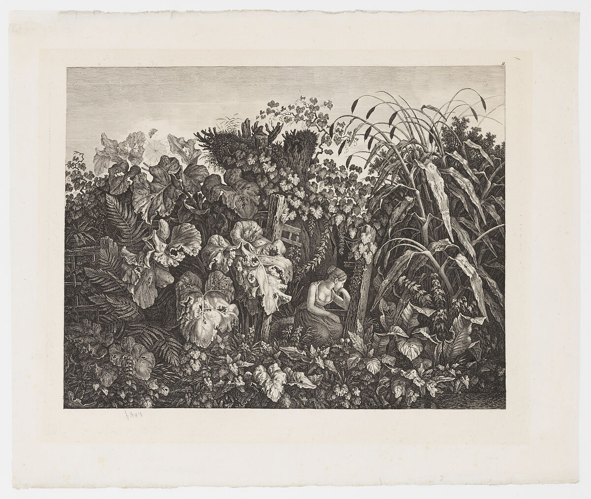 Melancholic woman seated amongst foliage (Trauerndes Mädchen im Kraut), Carl Wilhelm Kolbe (German, Berlin 1759–1835 Dresden), Etching 