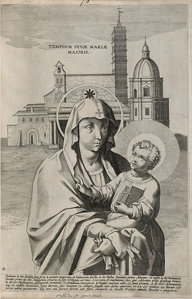 Virgin and Child in Front of the Basilica Santa Maria Maggiore, Engraving, paper, Netherlandish (Flanders, Netherlands) 