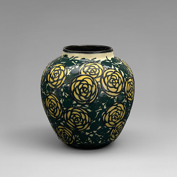 Vase with yellow roses, Max Läuger (German, 1864–1952), Glazed earthenware, German, Kandern 