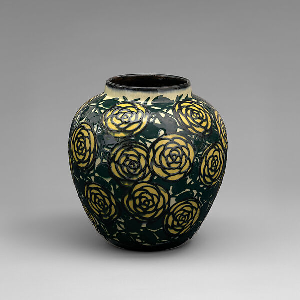 Vase with yellow roses, Max Läuger (German, 1864–1952), Glazed earthenware, German, Kandern