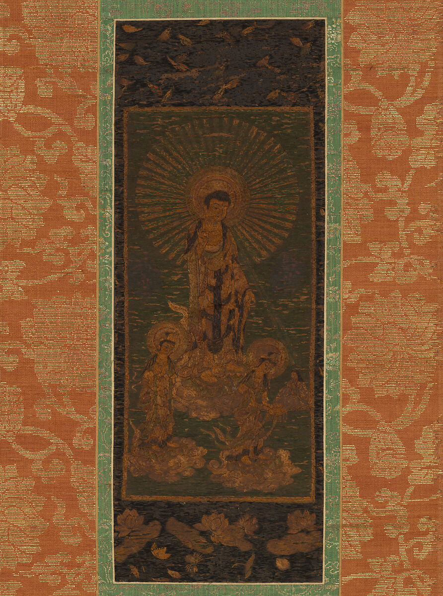 Welcoming Descent of Amida Buddha with Bodhisattvas Kannon and Seishi, Hanging scroll; silk and hair embroidery on silk ground, Japan