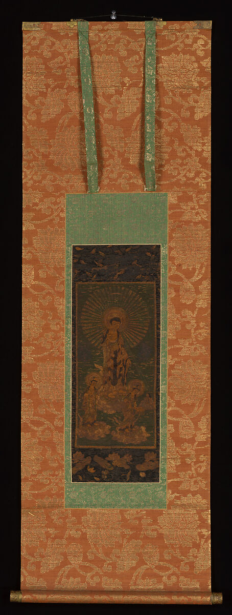 Welcoming Descent of Amida Buddha with Bodhisattvas Kannon and Seishi, Hanging scroll; silk and hair embroidery on silk ground, Japan