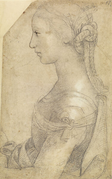 Bust of a Seated Young Woman in Profile (verso), Fragment of a Profile (recto), Raphael (Raffaello Sanzio or Santi)  Italian, Black chalk, over preliminary stylus underdrawing, slight retouching by another hand in pen and brown ink, traces of white gouache highlights (recto); pen and brown ink (verso); upper left corner cropped