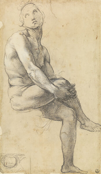 Seated Male Nude (Study for Adam in the Disputa, Stanza della Segnatura); Sketch for the Segnatura vault (lower left), Raphael (Raffaello Sanzio or Santi)  Italian, Black chalk and white highlights on yellowed white paper
