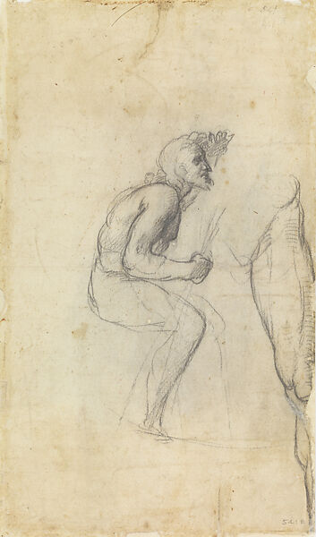 Seated Male Nude (Study for Adam in the Disputa, Stanza della Segnatura); Sketch for the Segnatura vault (lower left), Raphael (Raffaello Sanzio or Santi) (Italian, Urbino 1483–1520 Rome), Black chalk and white highlights on yellowed white paper