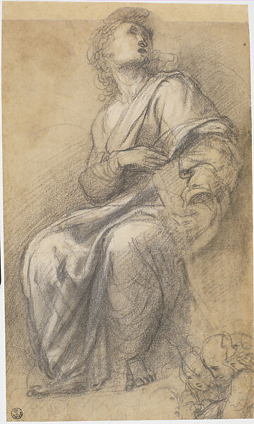 Study of a Seated Clothed Figure (Saint Stephen in the Disputa, Stanza della Segnatura), Raphael (Raffaello Sanzio or Santi)  Italian, Black chalk, traces of white chalk highlights, on paper washed light brown