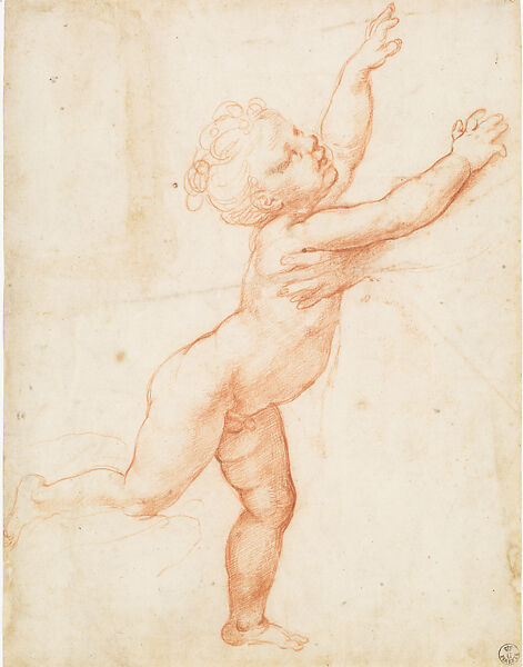 Study of a Nude Child for the Holy Family of Francis I, Raphael (Raffaello Sanzio or Santi)  Italian, Red chalk, over traces of stylus underdrawing on ivory paper