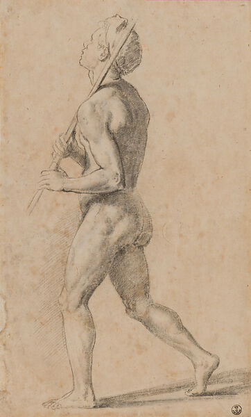 Study of a Nude Male Figure for the Adlocutio and Vision of the Cross, Sala di Costantino, Raphael (Raffaello Sanzio or Santi)  Italian, Black chalk with traces of stylus underdrawing, on paper