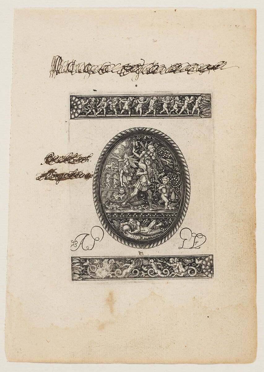 Oval Watch Case with Aeneas carrying Anchises, from a Series of Six Designs for Watch Cases, Antoine Jacquard (French, active Poitiers 1615-1624), Blackwork and engraving 