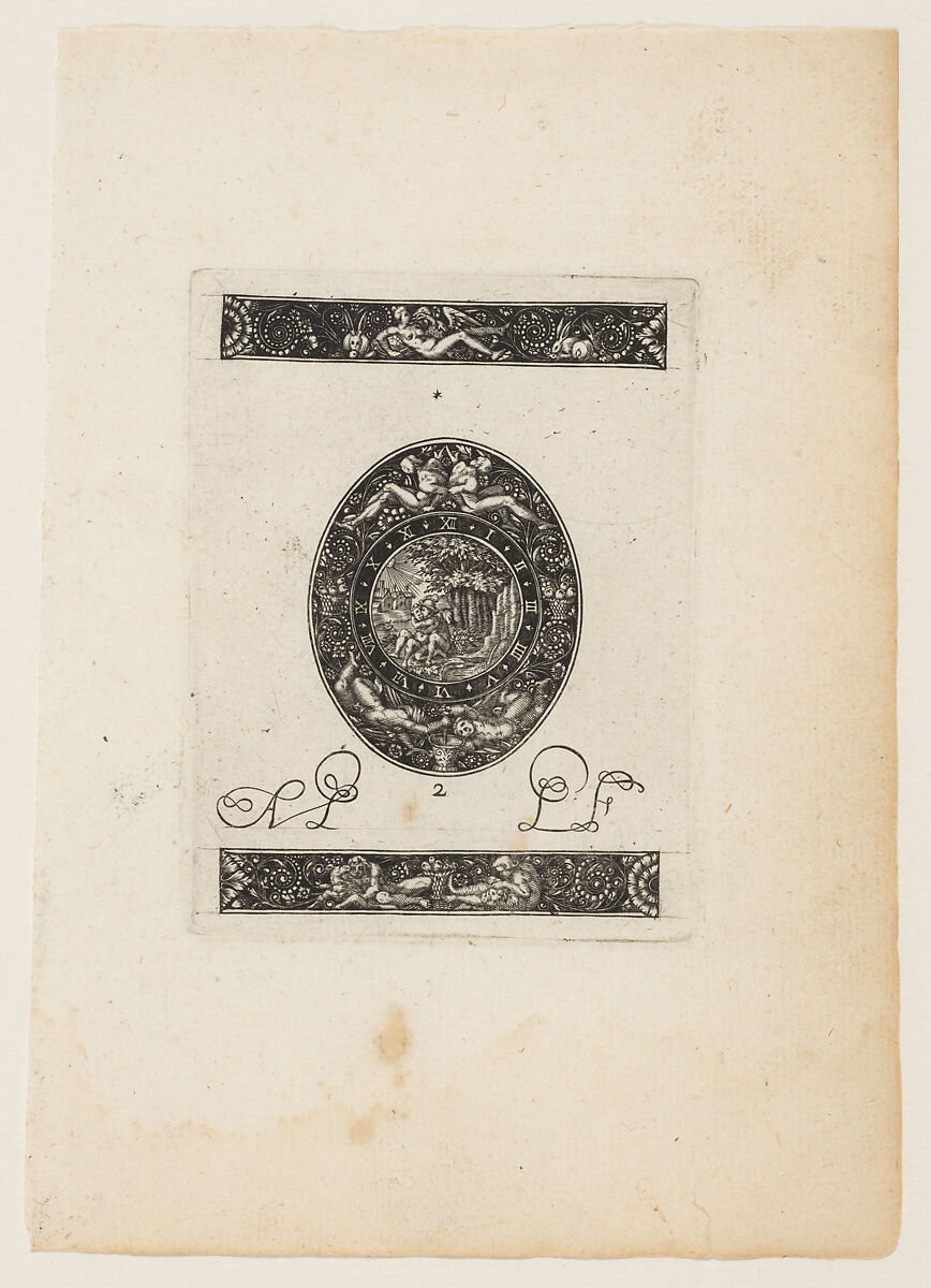 Oval Watch Plate with Diana and Endymion (?) embracing, from a Series of Six Designs for Watch Cases, Antoine Jacquard (French, active Poitiers 1615-1624), Blackwork and engraving 