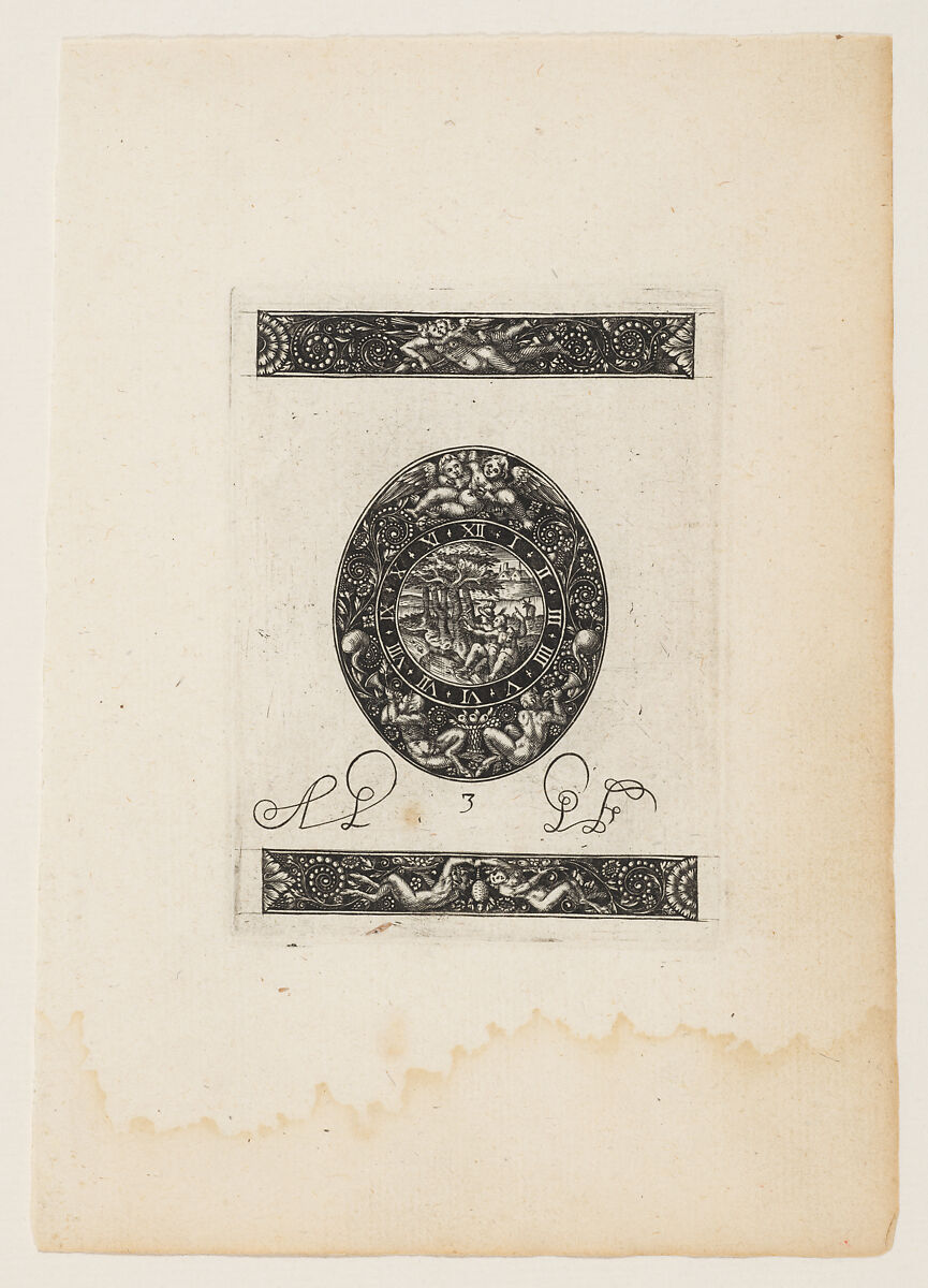 Oval Watch Plate with Diana and Endymion (?) startled, from a Series of Six Designs for Watch Cases, Antoine Jacquard (French, active Poitiers 1615-1624), Blackwork and engraving 