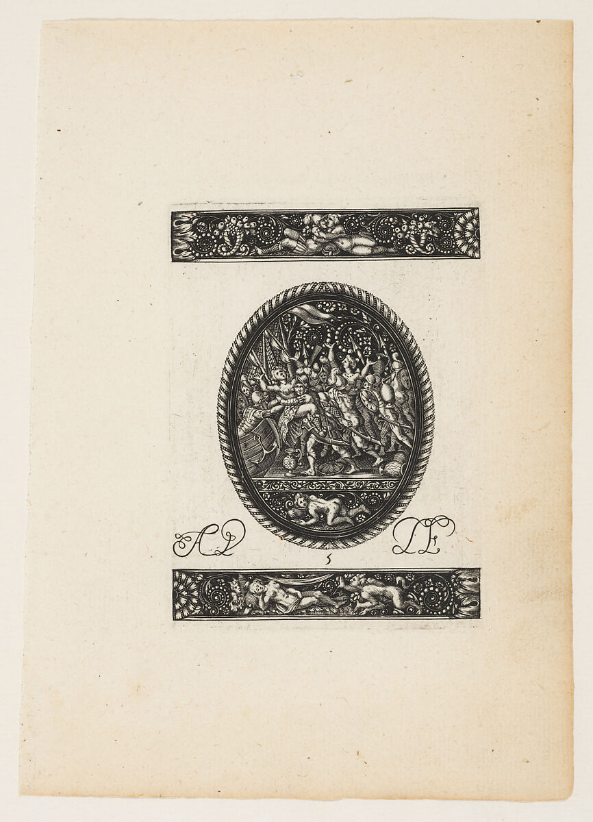 Oval Watch Case with the Abduction of Helen of Troy (?), from a Series of Six Designs for Watch Cases, Antoine Jacquard (French, active Poitiers 1615-1624), Blackwork and engraving 