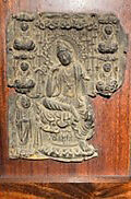 Plaque with Bodhisattva, Priest, and Buddhas, Copper with, traces of mercury gilding, Japan