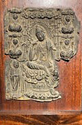 Plaque with Bodhisattva, Priest, and Buddhas, Copper with, traces of mercury gilding, Japan 