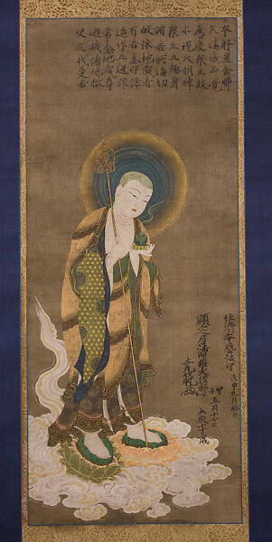 Welcoming Descent of the Bodhisattva Jizō, Hanging scroll; ink, color, and cut gold on silk, Japan