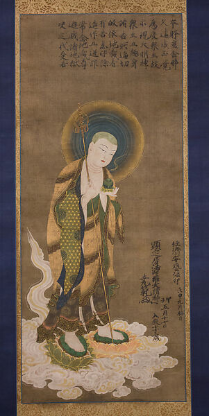 Welcoming Descent of the Bodhisattva Jizō, Hanging scroll; ink, color, and cut gold on silk, Japan 