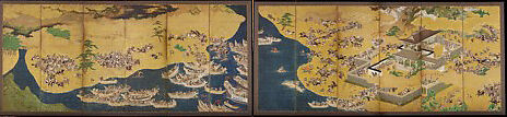 Two Battles from the Genpei War: Ichinotani and Yashima, Pair of six-panel screens; ink, color, and gold on paper, Japan