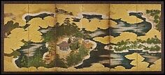 View of  Amanohashidate, Six-panel folding screen; ink, color, and gold on paper, Japan 