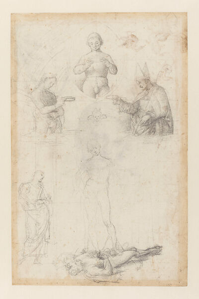 Composition Study for the Coronation of Saint Nicholas of Tolentino (The Baronci Altarpiece); Sketch of Dragon (recto); Study for the Head of Saint Nicholas of Tolentino and Drapery Studies for the Angels in the Baronci Altarpiece, Birds (Swans, Heron with a Snake, Falcon), Architectural Sketch after Perugino’s Ranieri Annunciation (verso), Raphael (Raffaello Sanzio or Santi) (Italian, Urbino 1483–1520 Rome), Black chalk, over preliminary stylus underdrawing, with a construction of numerous overlapping circles incised with the compass, squared (recto), black chalk, over preliminary stylus underdrawing (verso), on paper