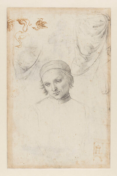 Composition Study for the Coronation of Saint Nicholas of Tolentino (The Baronci Altarpiece); Sketch of Dragon (recto); Study for the Head of Saint Nicholas of Tolentino and Drapery Studies for the Angels in the Baronci Altarpiece, Birds (Swans, Heron with a Snake, Falcon), Architectural Sketch after Perugino’s Ranieri Annunciation (verso), Raphael (Raffaello Sanzio or Santi)  Italian, Black chalk, over preliminary stylus underdrawing, with a construction of numerous overlapping circles incised with the compass, squared (recto), black chalk, over preliminary stylus underdrawing (verso), on paper